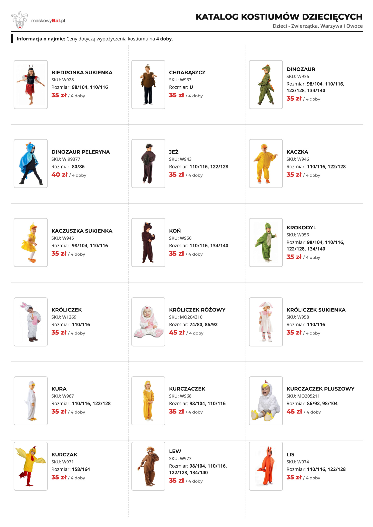 Katalog zwierzątek wypożyczalni strojów Maskowy Bal